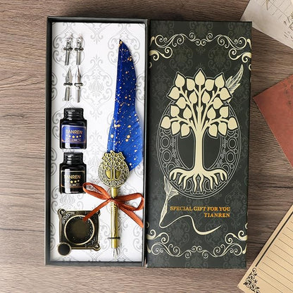 TIANREN Feather Pen and Ink Set,quill pen ink set,Antique Calligraphy Pen with 4 Replaceable Nibs,2 Bottle of ink,Pen Holder Christmas Gift for Men&Women.(Blue)