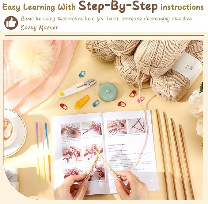 Maasechs Knitting Kit for Beginners, Learn to Knit Kit for Adults, Complete Hat, Scarf, Gloves Starter Bundle with Step-by-Step Instructions Includes Wool Yarn, Needles & Accessories(Light Khaki)