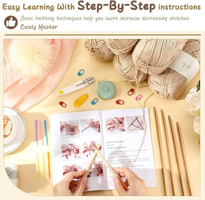 Maasechs Knitting Kit for Beginners, Learn to Knit Kit for Adults, Complete Hat, Scarf, Gloves Starter Bundle with Step-by-Step Instructions Includes Wool Yarn, Needles & Accessories(Light Khaki)