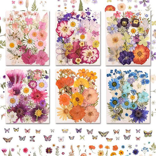 222 PCS Real Pressed Dried Flowers and Leaves with Butterfly Stickers & Tweezers – Natural Dried Flowers for Resin, Candle, Jewelry, Scrapbooking & DIY Crafts (Colour 222)