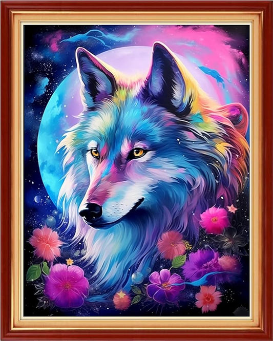 Dimensean Stamped Cross Stitch Kits Full Range of Embroidery Patterns Starter Kits for Beginners Adult DIY Cross Stitches Needlepoint Kits 11CT-Moon Wolf 16x20 inch