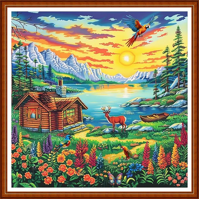 Joyhoor Stamped Cross Stitch Kits for Beginners Needlepoint Kits for Adults Embroidery Kits 11CT Counted Cross Stitch Kits Printed Embroidery Pattern-Lakeside Homeland Scenery 18x18 inchs