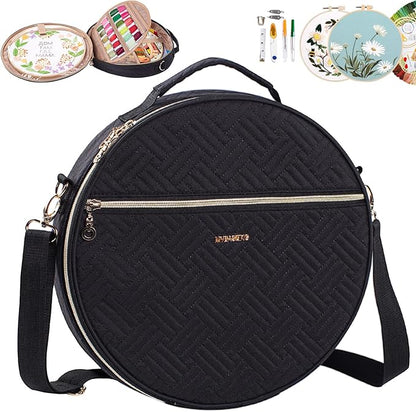 | Round Embroidery Bag(Empty) - Embroidery Storage Bag -Cross Stitch Supplies Organizer with Multiple Pockets for Embroidery Kits, Cross Stitch Suppliers, Embroidery Floss (Bag Only)