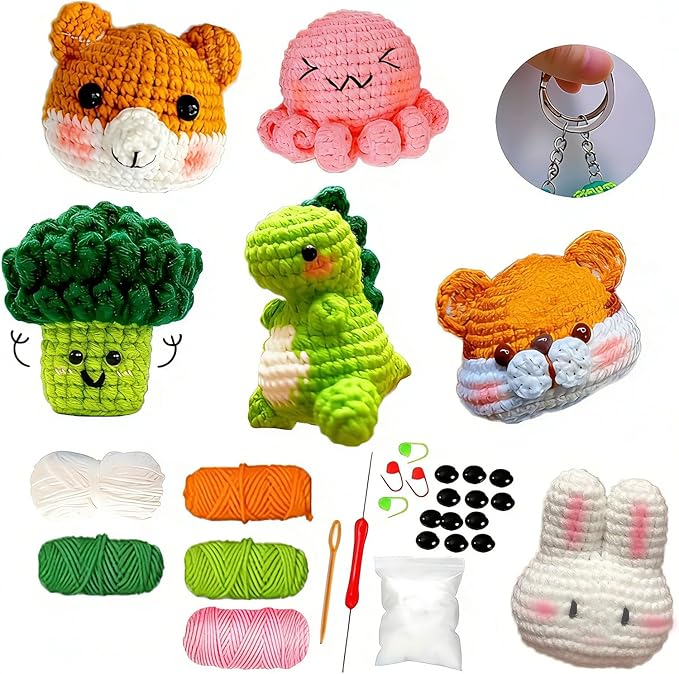 DOOOYU 6PCS Crochet Kit for Beginners Crochet Animals Knitting Kit Supplies Learn to Crochet Beginner Set Kit with Crochet Hooks, Yarn, Step-by-Step Instructions Video