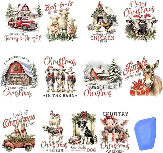 24 Sheets Vintage Christmas Rub On Transfers for Crafts, Rub On Transfers Christmas for Wood，Furniture Decals, Glass, Porcelain, Leather, Canvas, Fabric Projects,3 * 3inch(Farm Christmas)