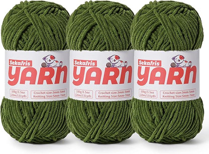 3 Pack Plush Chunky Chenille Yarn for Crocheting, Soft Fluffy Velvet Yarn for Crocheting, Fuzzy Baby Blanket Knitting Yarn, 300g/393yds Bulky Amigurumi Yarns（3 Pine Green）