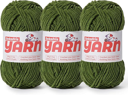 3 Pack Plush Chunky Chenille Yarn for Crocheting, Soft Fluffy Velvet Yarn for Crocheting, Fuzzy Baby Blanket Knitting Yarn, 300g/393yds Bulky Amigurumi Yarns（3 Pine Green）