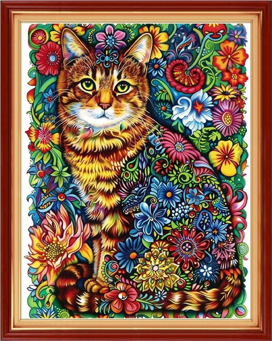 Artvxeay Stamped Cross Stitch Kits | Embroidery Kits for Beginners Craft Kit Needlepoint for Adults Supplies DIY 11CT- (Colorful Flower Cat 16x20 inch)