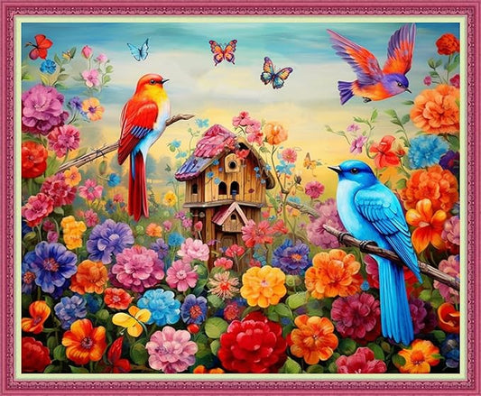 Disnesart Cross Stitch Stamped Full Embroidery Kits DIY 11CT Cotton Thread Printed DIY Needlepoint Kits Craft Needlework Set Cross-Stitch Stamped Sets-Flower Bird Home 16x20 inch