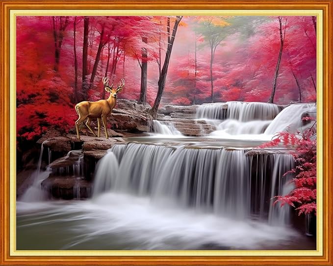 Findvoor Stamped Cross Stitch Kits for Beginner Embroidery Kits for Beginners Adults DIY 11CT Cross Stitch Patterns Needlepoint Kits Crossstitching Kits-Waterfall Deer 16x20 inch