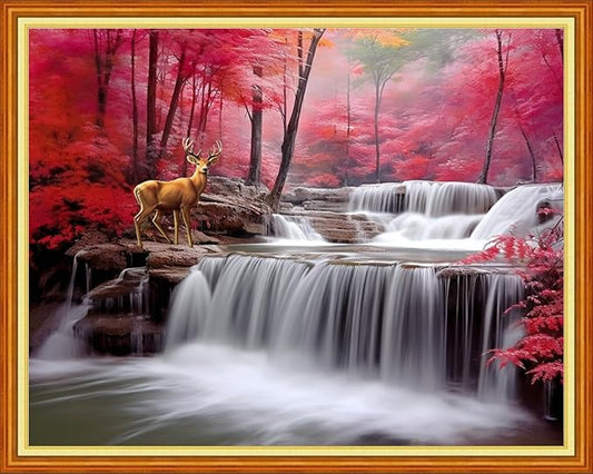 Findvoor Stamped Cross Stitch Kits for Beginner Embroidery Kits for Beginners Adults DIY 11CT Cross Stitch Patterns Needlepoint Kits Crossstitching Kits-Waterfall Deer 16x20 inch