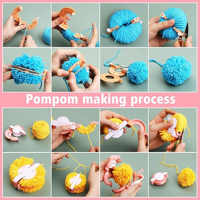FTEVEN 41Pcs Pom Pom Maker Kit, 8 Size Pompom Maker Tools Set with Warped Head Scissor and Instruction, Used for Fluff Ball Weave DIY Crochet Knitting, Pom Pom Maker for Yarn Knitting Craft Project