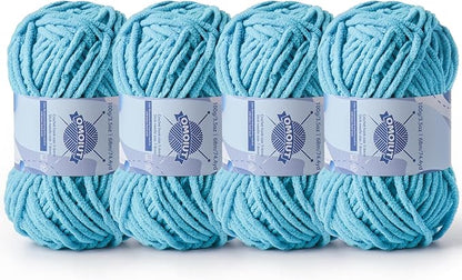 Chunky Chenille Yarn for Crocheting，Baby Yarn for Crocheting Soft Blankets，Bulky Yarns for Crochet Amigurumi，4×100g (4×74.3yds) Fluffy Velvet Yarns for Hand Knitting (4 Blue)