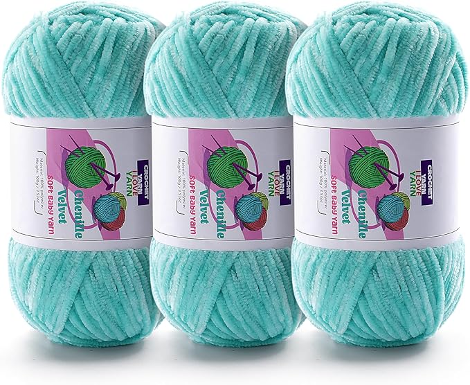 3 Skeins Soft Fluffy Velvet Yarn, Chenille Chunky Yarn for Hand Knitting and Crocheting DIY Craft, Amigurumi Crochet Yarn（3×196.8yds, 3×3.5oz） (Mint Green)