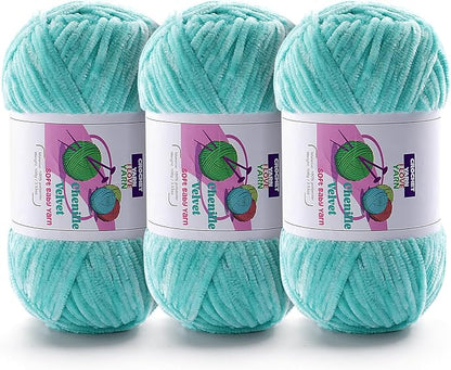 3 Skeins Soft Fluffy Velvet Yarn, Chenille Chunky Yarn for Hand Knitting and Crocheting DIY Craft, Amigurumi Crochet Yarn（3×196.8yds, 3×3.5oz） (Mint Green)