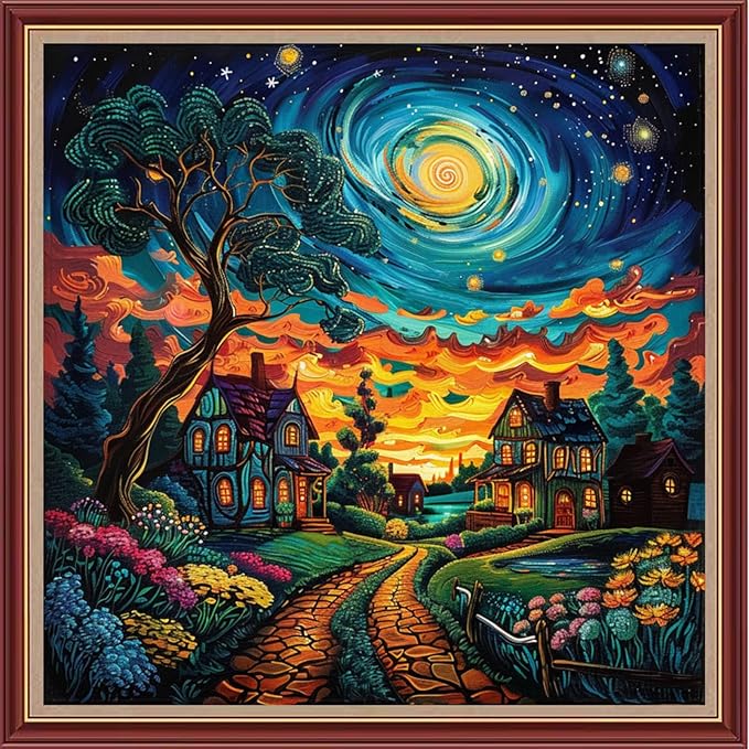 Dooxvey Cross Stitch Kits for Adults Beginners,Full Range of Cross-Stitch Stamped Kits Needlepoint Kits for Beginners Embroidery Kits 11CT Cross Stitch Patterns-Starry Night Moon Home 18x18 inch