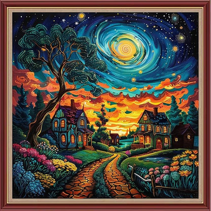 Dooxvey Cross Stitch Kits for Adults Beginners,Full Range of Cross-Stitch Stamped Kits Needlepoint Kits for Beginners Embroidery Kits 11CT Cross Stitch Patterns-Starry Night Moon Home 18x18 inch