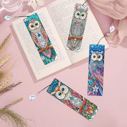 4 Pcs Diamond Painting Bookmarks, Owl DIY 5D Special Shaped Rhinestone Bookmark Kits for Adults, Handmade Diamond Art Bookmark with Tassel Pendant for Reading Gifts