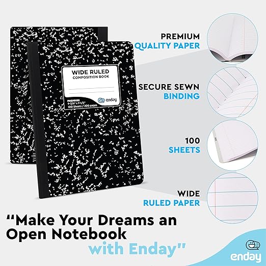 Emraw Composition Notebooks (48 Pack) Wide Ruled Paper Bulk, Hard Cover Composition Notebook, Lined Composition Books, 200 Pages (100 Sheets), Wide Ruled Notebook, (Black Marble)