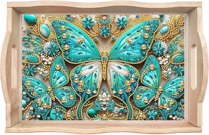 DIY Diamond Art Wooden Tray Kit, Food Tray with Handle Diamond Painted Table Decoration, for Breakfast, Bar Dinner Table Dots Gem Painting Art Set for Beginners - Butterfly