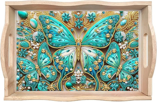 DIY Diamond Art Wooden Tray Kit, Food Tray with Handle Diamond Painted Table Decoration, for Breakfast, Bar Dinner Table Dots Gem Painting Art Set for Beginners - Butterfly