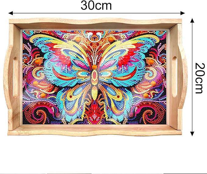 DIY Art Painting Wooden Tray Kit, Food Tray with Handle Diamond Painted Table Decoration Tray, for Breakfast, Bar Dinner Table Diamond Dots Gem Painting Art Set for Beginners (#28-Butterfly)