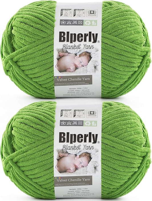 6 Super Bulky Velvet Chenille Yarn for Crocheting - 2 Skein of 200g/7 oz - Ultra Soft Heavy Weight Chunky Knitting Yarn for Baby Blankets, Amigurumi, Home Decor（Harvest Green，2 Skein）