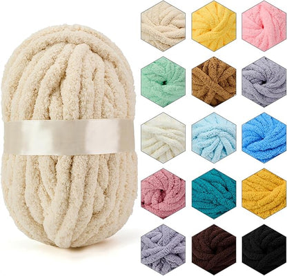 ERLYEEN Chenille Chunky Yarn Super Bulky Soft Thick Fluffy Jumbo Giant Washable Polyester Big Yarn DIY for Arm Knit Blanket Cushion Bed Sofa Home Decor,Beige,1.1LB