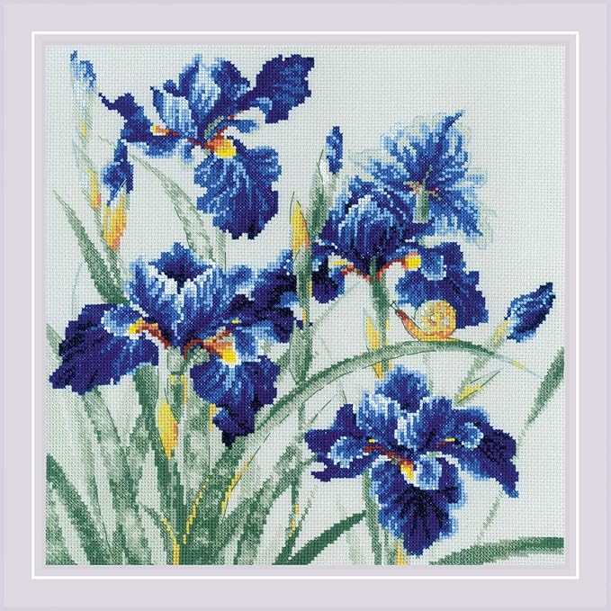 RIOLIS - Blue Irises 2102, Cross Stitch Kits 11¾" x 11¾", Cross Stitch Kits for Adults, Floral Counted Cross Stitch Kits, Embroidery Kit for Beginners & Advanced, Crossstitching Kits
