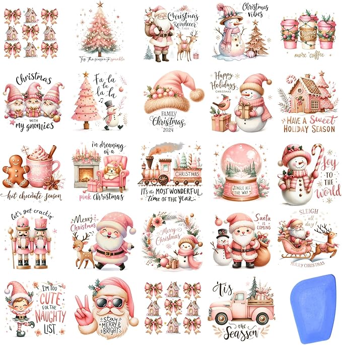 24 Sheets Vintage Christmas Rub On Transfers for Crafts, Rub On Transfers Christmas for Wood，Furniture Decals, Glass, Porcelain, Leather, Canvas, Fabric Projects,3 * 3inch