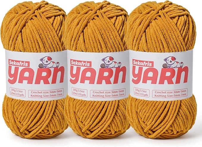 3 Pack Plush Chunky Chenille Yarn for Crocheting, Soft Fluffy Velvet Yarn for Crocheting, Fuzzy Baby Blanket Knitting Yarn, 300g/393yds Bulky Amigurumi Yarns（3 Ginger Color）