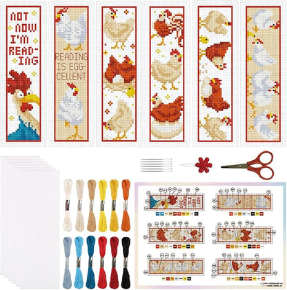 ORIGACH 6 Pcs Cross Stitch Bookmark Kit for Beginner Adults, Cute Chicks and Words Stamped Embroidery Bookmark Kit with Instruction for Starters Printed Cross Stitch DIY Kits for Book Lovers