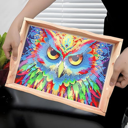 Generic FGbaby DIY 5D Owl Diamond Painting Wood Serving Tray with Handles Diamond Art Decorative Serving Trays Wooden Tray for Breakfast in Bed, Patio, BBQ, Coffee Table, Party –Great for Lap & Couch