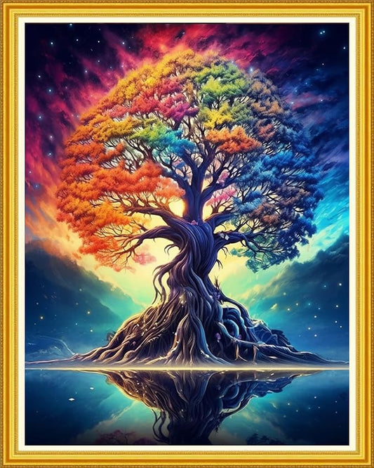 DMCVIVR Stamped Cross Stitch Kits for Beginners Adults Needlepoint Kits for Beginners Embroidery Kits for Adults Crossstitch Kit for Beginners 11CT-Colorful Tree 16x20 inch