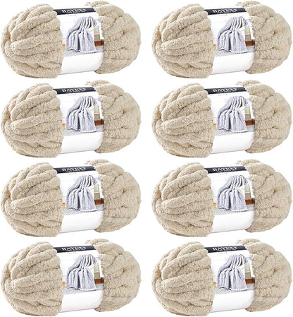 Chunky Chenille Yarn for Hand Knitting 8 Jumbo Pack Jumbo Chunky Yarn for Hand Soft Blanket Knitting, Bulky Thick Fluffy Yarn for Crocheting (Khaki)