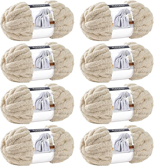 Chunky Chenille Yarn for Hand Knitting 8 Jumbo Pack Jumbo Chunky Yarn for Hand Soft Blanket Knitting, Bulky Thick Fluffy Yarn for Crocheting (Khaki)