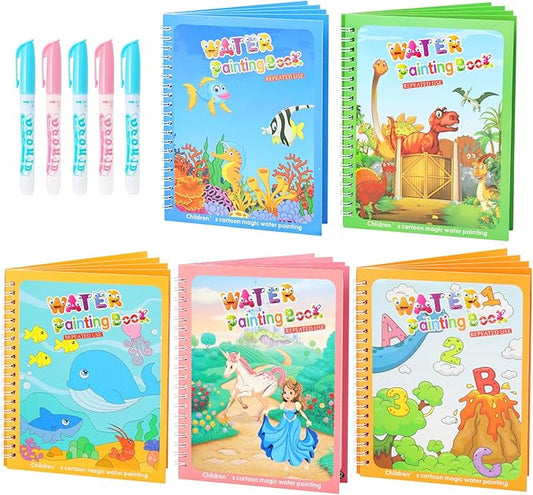 5 Pack Reusable Water Coloring Book for Toddlers, Water Doodle Book Toys, Paint with Water Books,Mess-Free Coloring Book, Portable Educational Doodle Drawing Toy,Educational Learning Kits Gifts