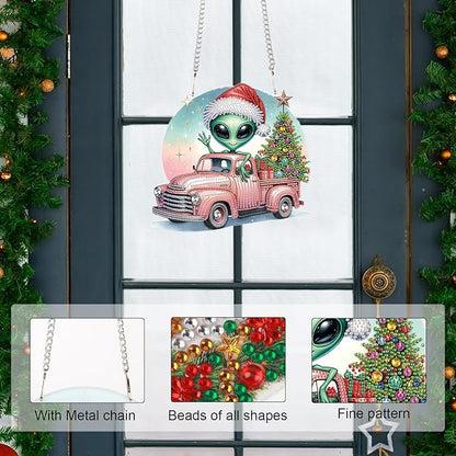 Alien Diamond Painting Hanging Ornament Kit, 5D DIY Christmas Truck & Tree Pendant Decoration with Santa Hat, Crystal Diamond Art Kit for Adults Home Wall Door Window Xmas Decor (24.1x22.6cm)