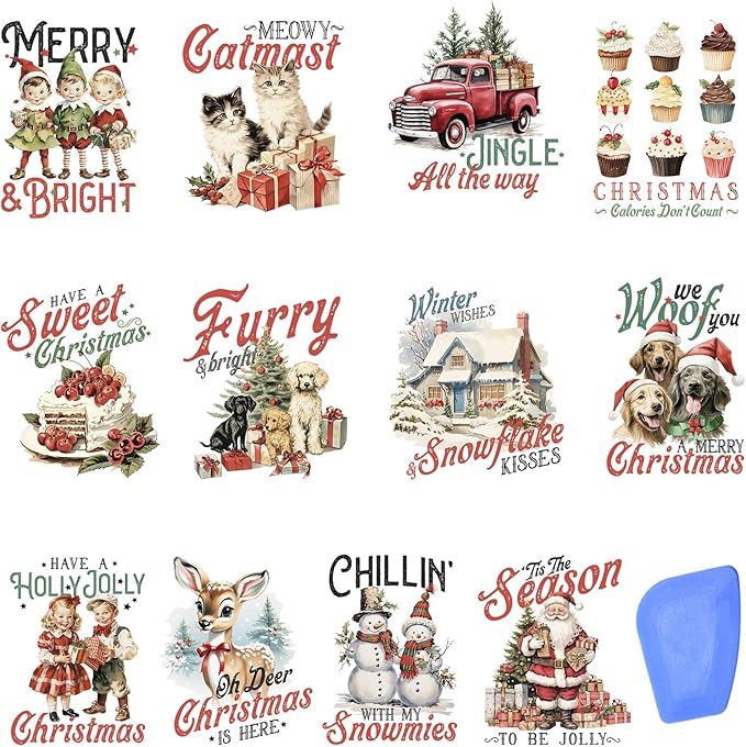24 Sheets Vintage Christmas Rub On Transfers for Crafts, Rub On Transfers Christmas for Wood，Furniture Decals, Glass, Porcelain, Leather, Canvas, Fabric Projects,3 * 3inch(Vintage Christmas)
