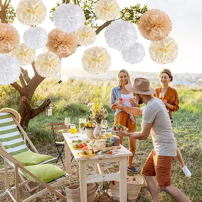 SUNBEAUTY 15 PCS Boho Champagne Pom Poms Tissue Paper Flowers, Wall Hanging Decor Neutral Party Wedding Decorations,Cream Beige White Paper Flowers for Wedding Birthday Bridal Showers Party Supplies