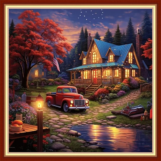 Dimensean Stamped Cross Stitch Kits Full Range of Embroidery Patterns Starter Kits for Beginners Adult DIY Cross Stitches Needlepoint Kits 11CT-Night View of The Cabin 18x18 inch