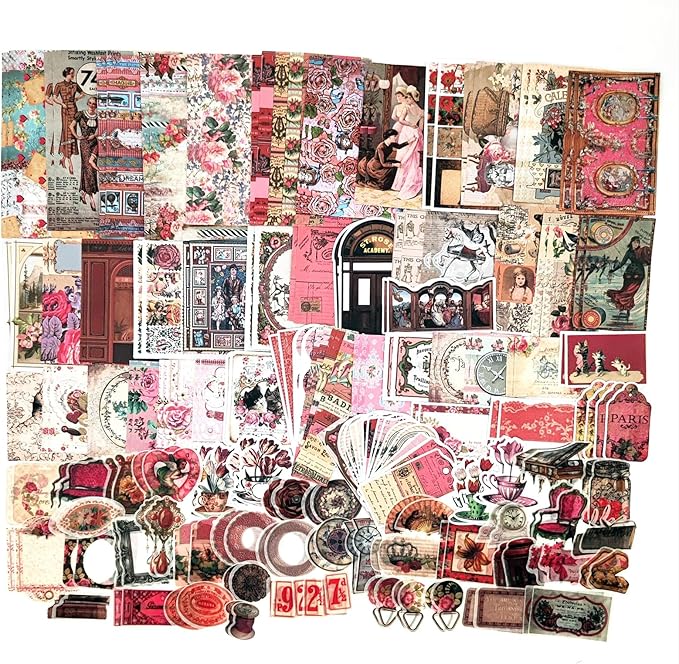 200PCS Vintage Scrapbooking Supplies Pack, Aesthetic Scrapbook Sticker Paper Art Journaling Kit for Junk Journals,Planner,Cottagecore Decor Gifts (Pink Retro Collection)