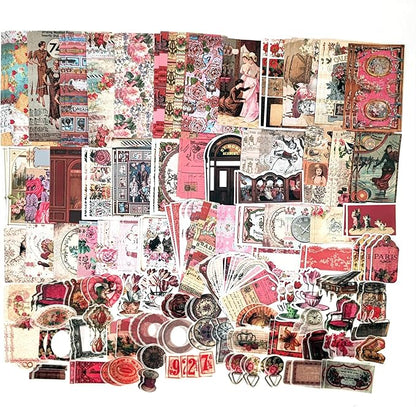 200PCS Vintage Scrapbooking Supplies Pack, Aesthetic Scrapbook Sticker Paper Art Journaling Kit for Junk Journals,Planner,Cottagecore Decor Gifts (Pink Retro Collection)