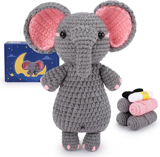 Fortuning's JDS Crochet Kit for Beginners - Elephant Crochet Kits with Step-by-Step Video Tutorials, Beginner Crochet Kit for Adults, Crochet Animal Kit, Goodnight Elephant Crocheting Set (Grey)