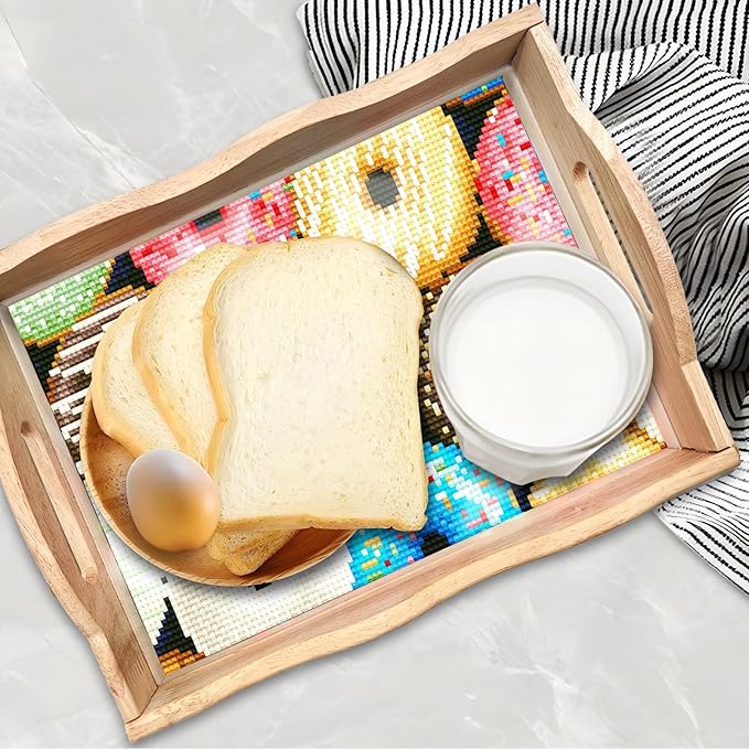 DIY Art Painting Wooden Tray Kit, Food Tray with Handle Diamond Painted Table Decoration Tray, for Breakfast, Bar Dinner Table Diamond Dots Gem Painting Art Set for Beginners (#32-Doughnut)