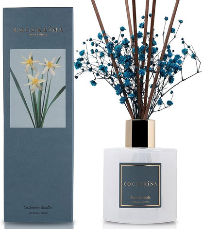 Cocorrína Premium Reed Diffuser Set with Preserved Baby's Breath & Cotton Stick Cashmere Vanilla | 6.7 fl oz Reed Diffuser for Bedroom Bathroom Home Décor