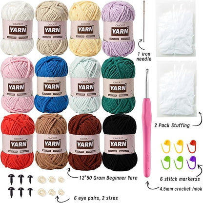 12 Pack Chenille Velvet Yarn - Baby Yarn for Crocheting Soft - Amigurumi Yarn Set with 600g(787yd) Crochet Yarn Crochet Hook、Stitch Markers、Fluffy Stuffing、Accessories B