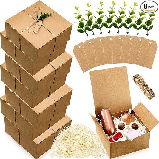 Crtiin 8 Pack Gift Boxes Set 8 x 8 x 4 Inch Kraft Paper Bridesmaid Proposal Gifts Box with Lids for Presents Wedding Bridal Shower Baby Shower Christmas Filler Birthday Gift Packging Party Favors