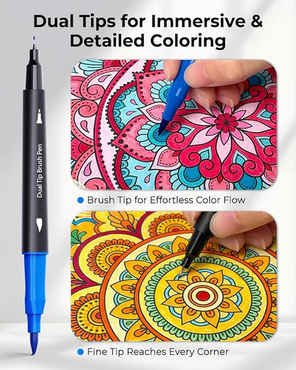 JusArt Markers for Adult Coloring Books No Bleeding, 100 Colors Coloring Markers with Dual Tips, Fine & Brush Pens with Ergonomic Triangle Grip & 33% More Ink, Water-Based Art Drawing Set for Adults