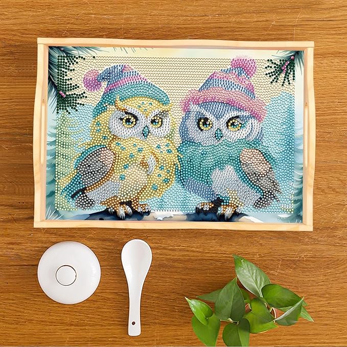 FGbaby DIY 5D Cute Owl Diamond Painting Wood Serving Tray with Handles Diamond Art Decoration Serving Trays Wooden Tray for Breakfast in Bed, Patio, BBQ, Coffee Table, Party –Great for Lap & Couch